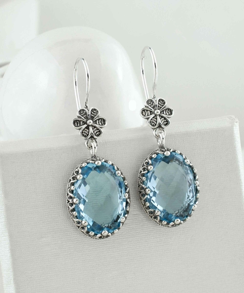 Filigree Art Blue Topaz Gemstone Women Silver Oval Dangle Earrings 2
