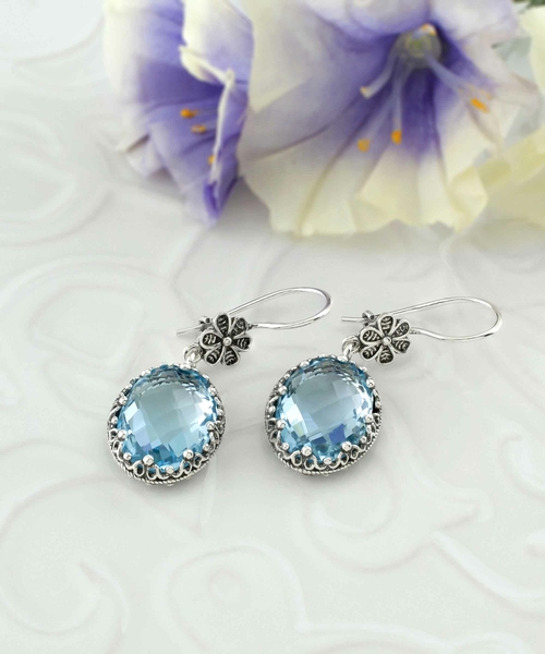 Filigree Art Blue Topaz Gemstone Women Silver Oval Dangle Earrings 3