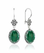 Filigree Art Malachite Gemstone Women Silver Oval Dangle Earrings