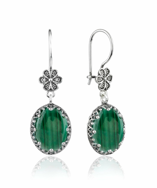 Filigree Art Malachite Gemstone Women Silver Oval Dangle Earrings