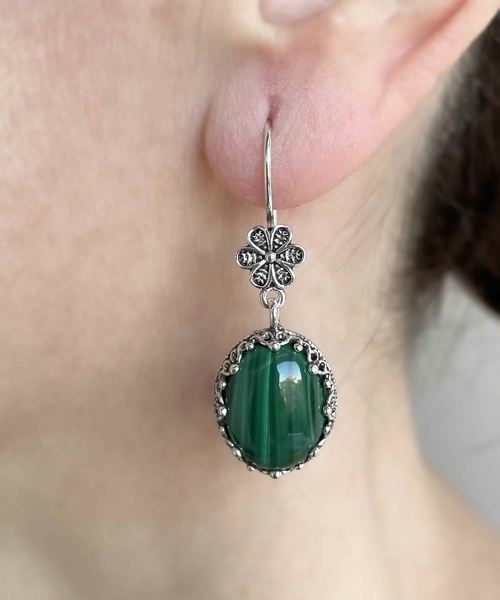 Filigree Art Malachite Gemstone Women Silver Oval Dangle Earrings 1