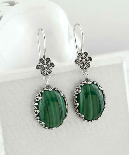 Filigree Art Malachite Gemstone Women Silver Oval Dangle Earrings 2