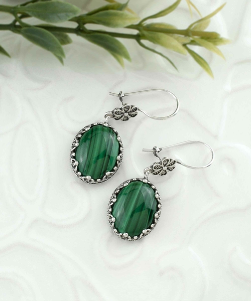Filigree Art Malachite Gemstone Women Silver Oval Dangle Earrings 3