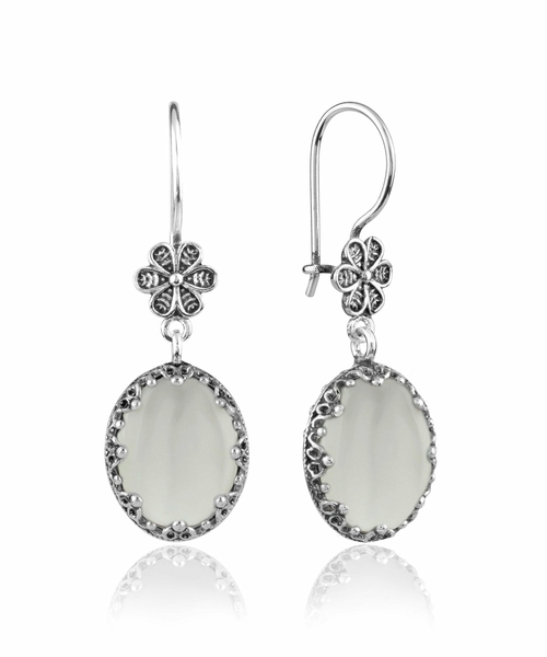 Filigree Art Mother of Pearl Gemstone Women Silver Oval Dangle