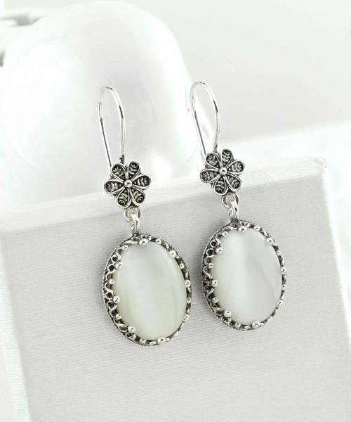 Filigree Art Mother of Pearl Gemstone Women Silver Oval Dangle 2