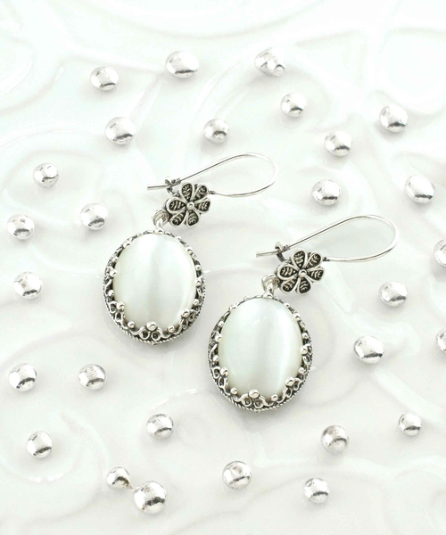 Filigree Art Mother of Pearl Gemstone Women Silver Oval Dangle 3